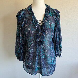 Anthropologie Chiffon Top Teal Navy Floral Balloon Sleeve Ruffle Peasant Size XS